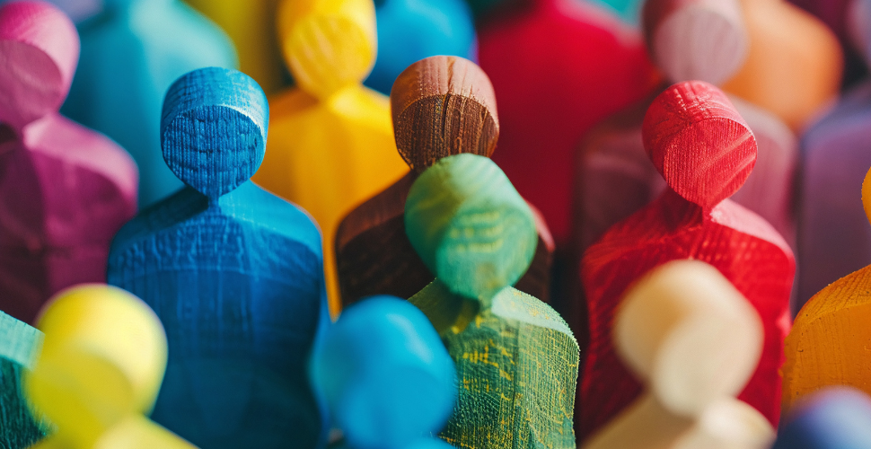 A group of colourful wooden figures representing people, symbolising diversity, inclusion, and the value of varied perspectives in trustee boards.