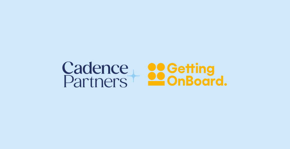 Cadence Partners and Getting on Board logos on light blue background.